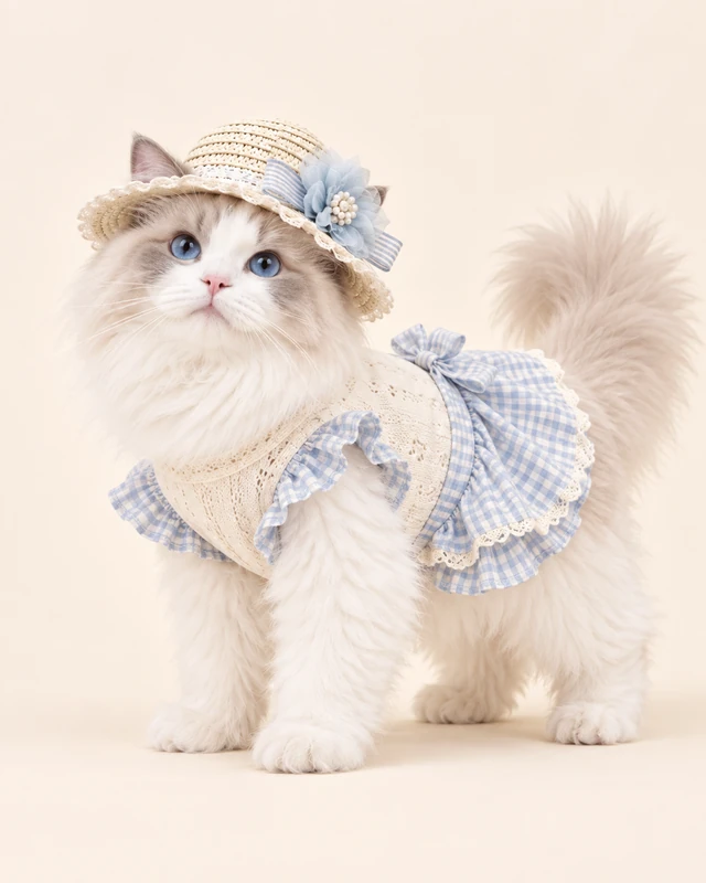 Series illustration of a cat in a blue gingham outfit and matching hat