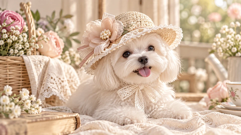 Editorial illustration of a white dog in a flower-trimmed hat, with flowers and books nearby