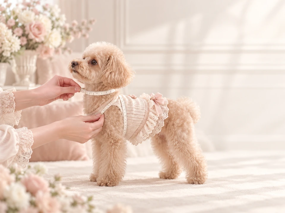 Editorial illustration of measuring tapes held near a small dog’s neck and chest