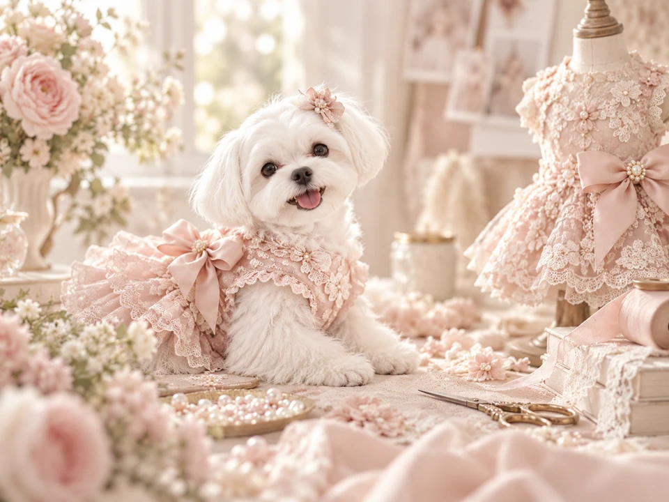 Editorial illustration of a white dog in a pink outfit beside ribbons and lace in a studio setting