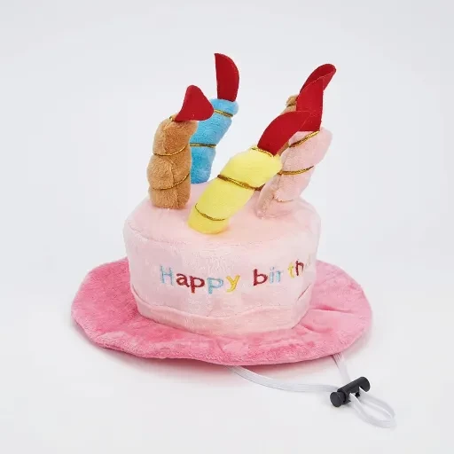 Pink cake-shaped hat with colorful candle decorations