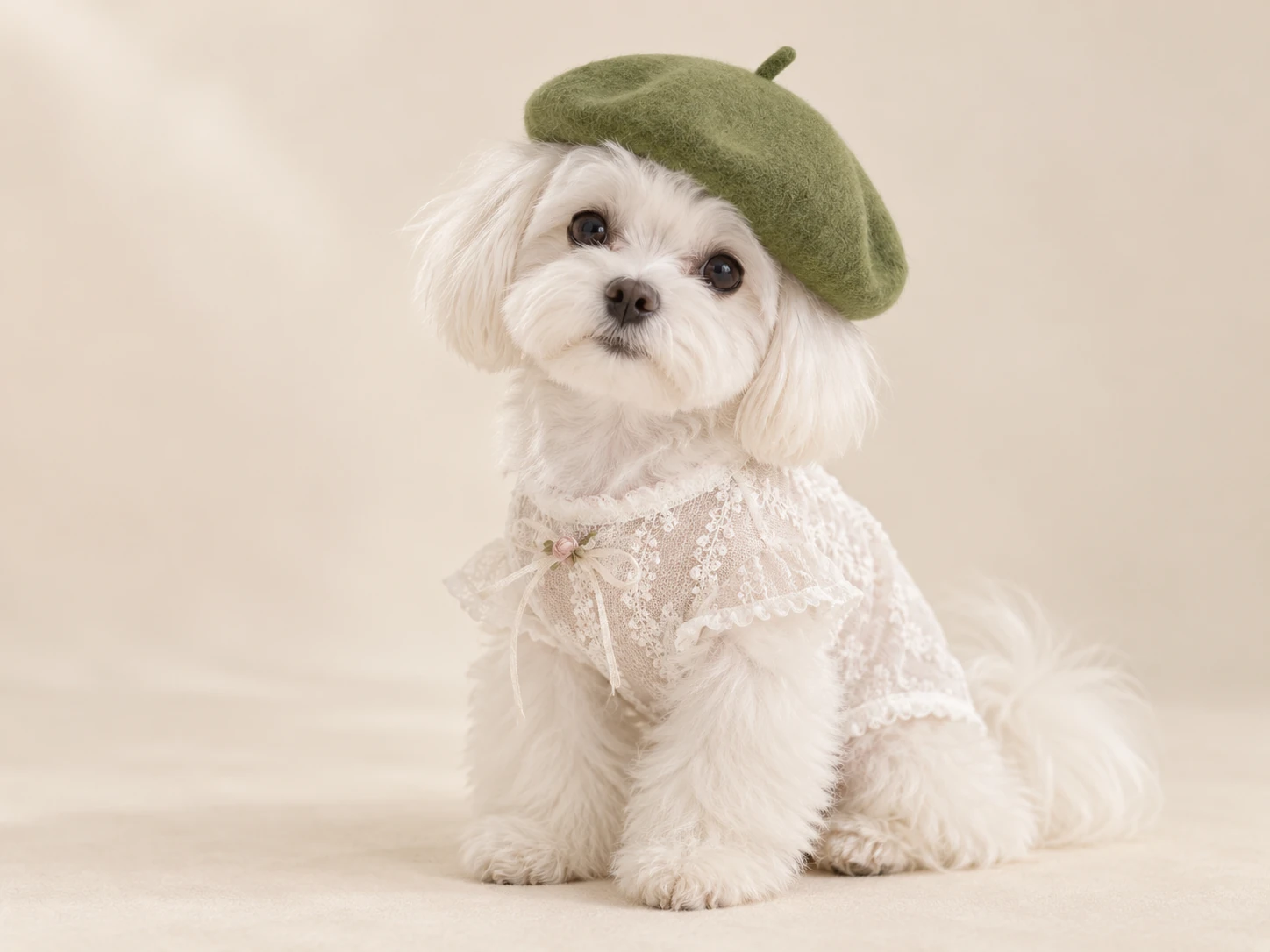White dog wearing a green beret and a white outfit