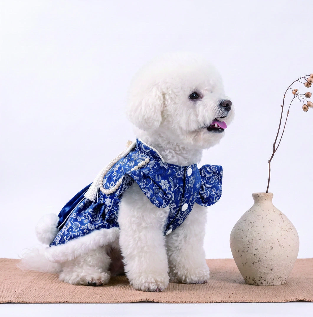 Navy & White Oriental Dress, dog wearing the dress, front view