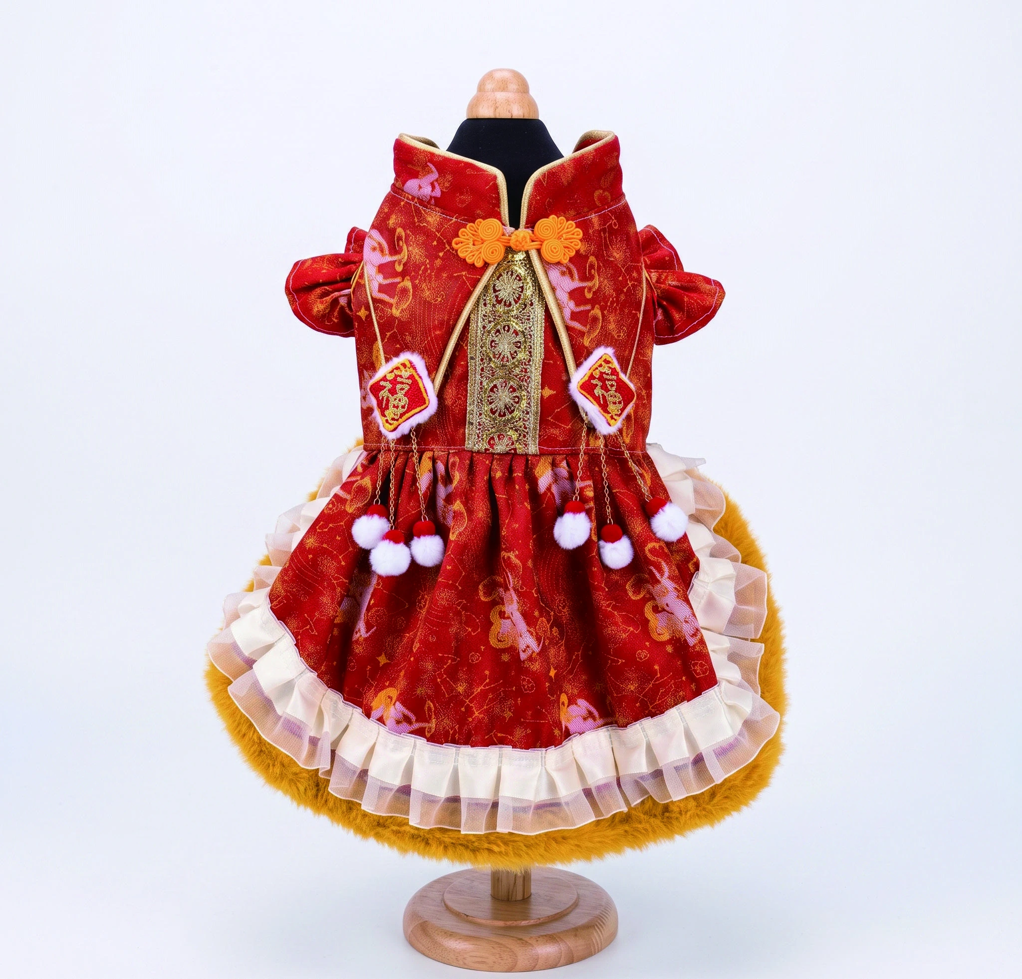 Red Pom-Pom Oriental Dress, overall design view