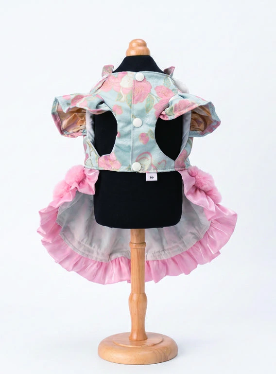 Blue Floral Pink Pom-Pom Dress, underside construction view