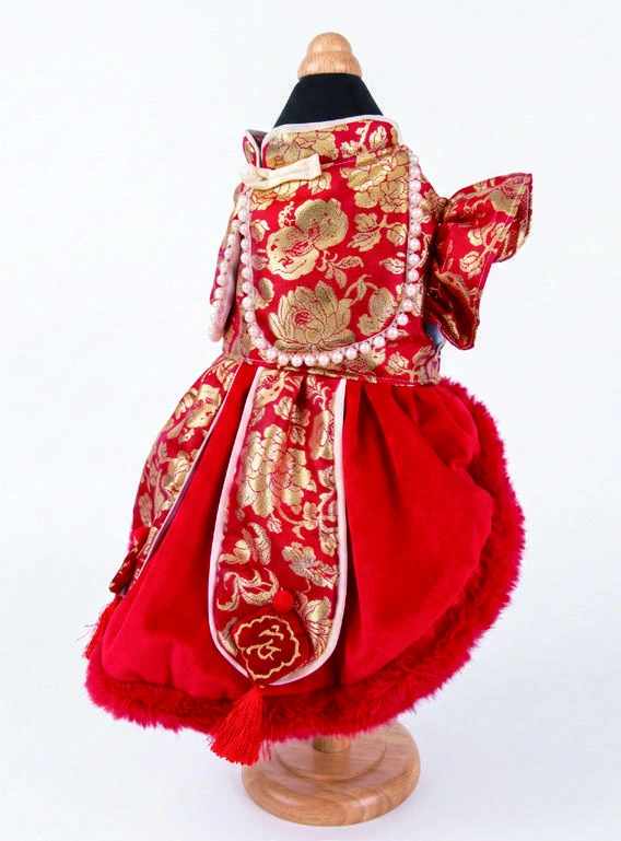 Red & Gold Panel Dress, side silhouette