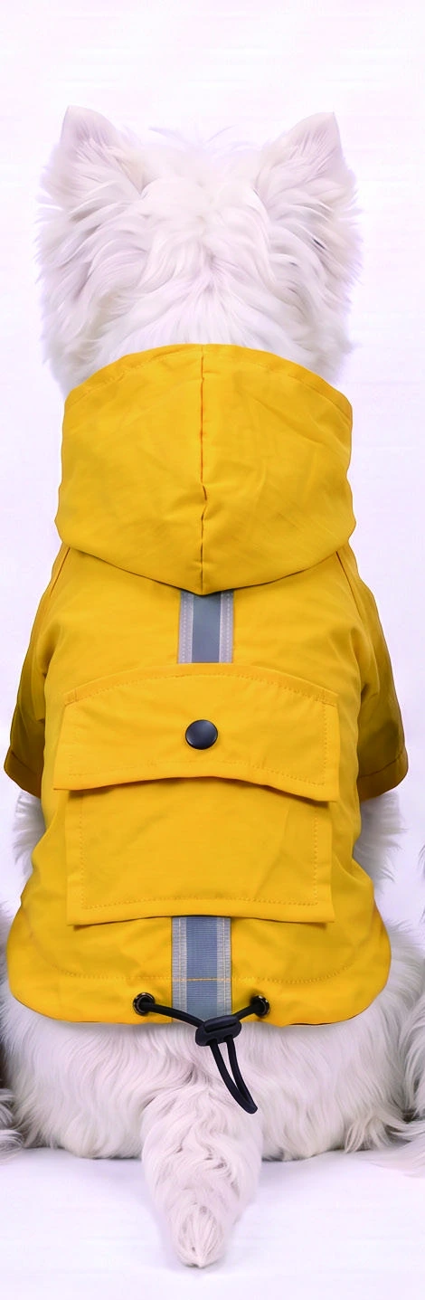 Back view of a white dog in the yellow hooded outer layer, showing the center stripe, buttoned flap and hem cord