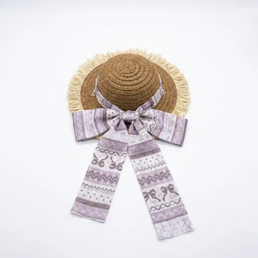 Brown hat with a purple-toned patterned ribbon