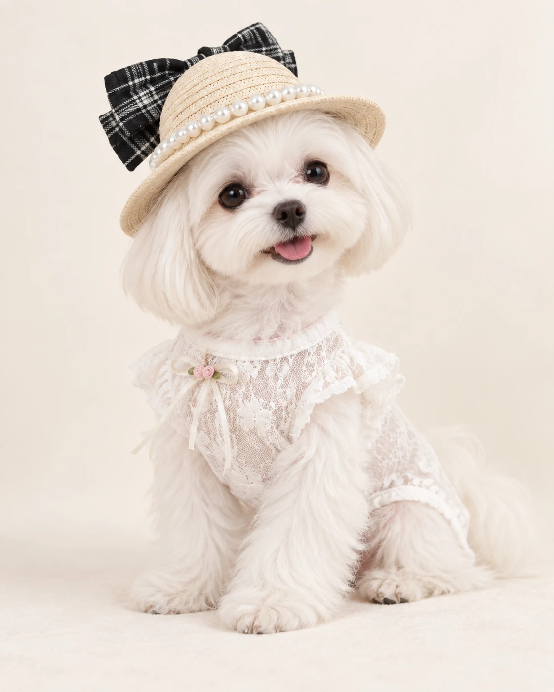 White dog in a white outfit and black plaid bow hat
