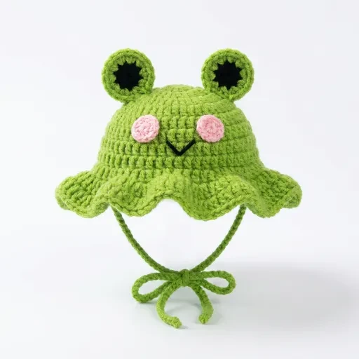Green frog hat with raised eyes and pink cheek details