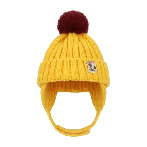 Yellow knit-style hat with a dark red pom-pom