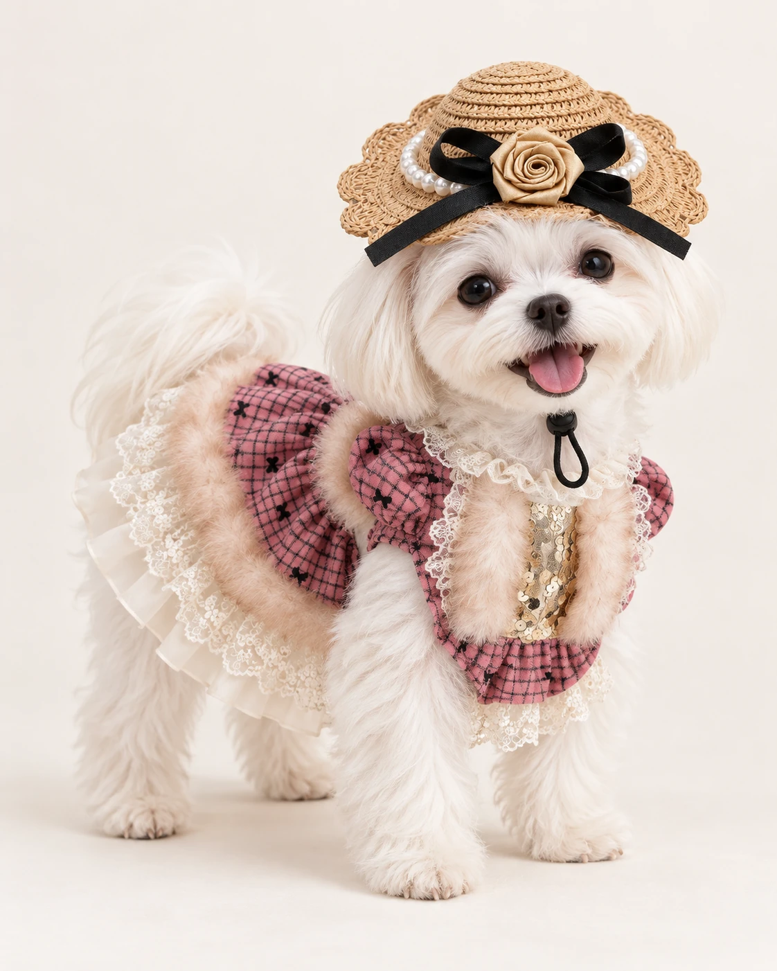 White dog in a black-ribbon rose hat and plaid outfit